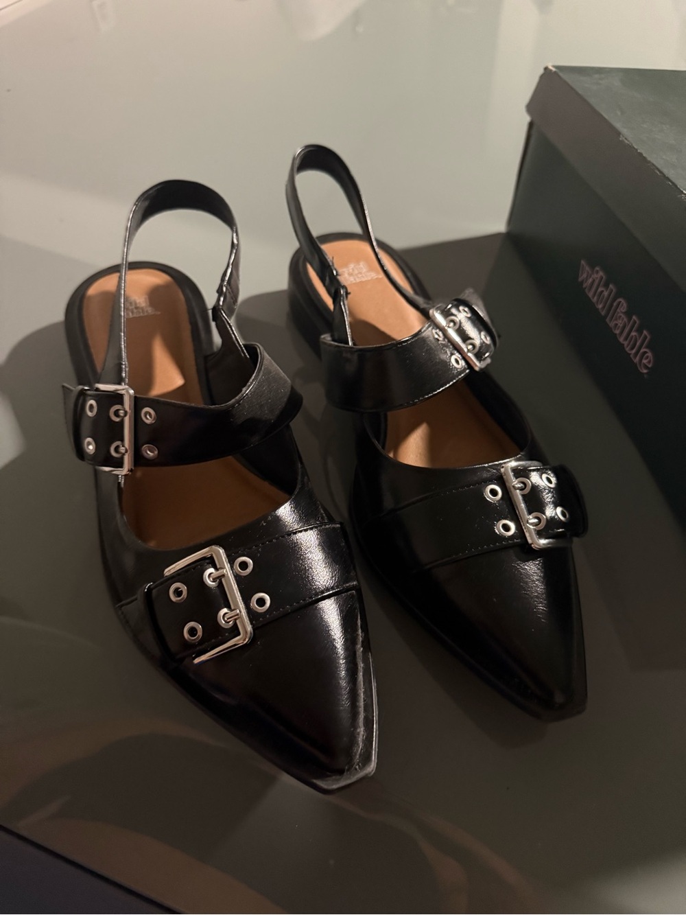 wild fable Black Pointed Buckle Slingback Flats with Silver Hardware